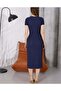 Navy Blue Ottoman Fabric Short Sleeve Midi Dress with Slit Detail – with Sun Accessories 7279 - 7