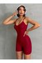 Women's Burgundy Rope Strap Front Back V-Neck Detailed Sports Jumpsuit - 4