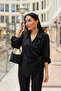 Women V-Neck Sleeve Elastic Semi-Paillette Side Tie Slim-Fit Satin Blouse - 6