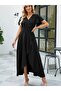 Women's Short Sleeve Double Breasted Collar Front Flounced Cross Cut Detailed Maxi Length Imported Crepe Dress - 4