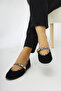 Genuine Leather Aliana Black Suede Buckle Leopard Detailed Women's Ballerinas - 3