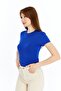 Women's Cobalt Blue Round Neck Short Sleeve Viscose Blouse - 4