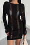 Women's Knitwear Fabric Low-Cut See-Through Look Long Sleeve Mini Cut Black Beach Dress 003 - 2