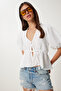 Lace Trimmed Summer Woven Blouse Ecru Lhf0028