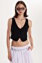 Women's Regular Fit Zero Sleeve V-Neck Buttoned Black Vest