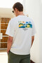Italia Men's 100% Organic Cotton Front Back Print Detailed Oversize Short Sleeve Ecru T-Shirt - 7