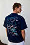 Italia Men's 100% Organic Cotton Front Back Print Detailed Oversize Short Sleeve Navy Blue T-Shirt - 6