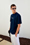 Italia Men's 100% Organic Cotton Front Back Print Detailed Oversize Short Sleeve Navy Blue T-Shirt - 5