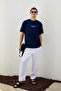 Italia Men's 100% Organic Cotton Front Back Print Detailed Oversize Short Sleeve Navy Blue T-Shirt - 2