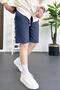 Men's Elastic Waist Linen Fabric Shorts Navy Blue Edw370