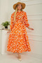 Orange Print Drawstring Sleeve Dress - 26619