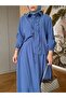 Cotton Shirt and Skirt Suit with Shirring Detail - Blue - 4