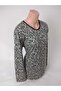Women's Black Green U Neck Long Sleeve Patterned Slit Woven Viscose Mother Combed Cotton T-Shirt - 2