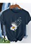 White Daisy Printed Women's Cotton Jersey Navy Blue T-Shirt
