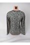 Women's Black Green U Neck Long Sleeve Patterned Slit Woven Viscose Mother Combed Cotton T-Shirt - 3