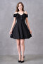 Flounce Detailed Collar, Thin Straps, Flexible Crepe Fabric, Flared Black Mini Dress 077 - 7