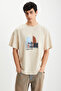 Lexoro Men's 100% Cotton Crew Neck Printed Beige T-Shirt
