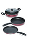 Impex Migo 4Piece Nonstick Cookware Set–Maroon-Kadai, Tawa, FryPan&Glass Lid-Heatproof Handles-FKTM
