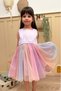 Lilac Top Matte Satin Bottom Color Gradient Glitter Tulle Skirt Ribbon Detail Girls Dress - Rainbow - 2