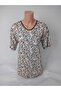 Women's Beige Brown U-Neck Short Sleeve Patterned Slit Woven Viscose Mother Combed Cotton T-Shirt - 3