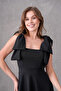 Atlas Fabric Strapless Neckline Lacing Strap Detail Flared Cutout Short Black Evening Dress 2030 - 2