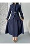 Women's Gold Buttoned Skirt Suit Navy Blue - 7