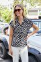 Women's Collared Off-Shoulder Short Sleeve Satin Lycra-Free Stylish Fabric Shirt-Beige Zebra