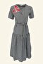 Black Midi Dress - Red Embroidered and Gingham - 2