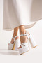 Women's White Leather High Thick Heeled Double Layer Platform Ankle Buckle Bridal & Evening Dress Shoes - 2