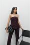 Plum Coated Button Strapless Trousers Suit - 8