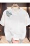 Women's White Shoulder Leaf Printed Oversize T-Shirt