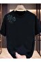Women's Black Shoulder Leaf Printed Oversize T-Shirt