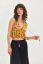 V-Neck Floral Patterned Crop Blouse Mustard
