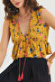 V-Neck Floral Patterned Crop Blouse Mustard - 6