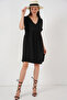 Women's V Neck Short Sleeve Dress 2567 - Black - 2
