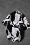 Men's Black Brush Pattern Linen Fabric Oversize Short Sleeve Shirt - 4