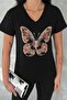 Women's Black V-Neck Butterfly Pattern Sequin and Embroidery Embroidered 100% Cotton T-Shirt
