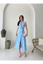 Baby Blue Double-Breasted Collar Buttoned Slit Tencel Dress - 2