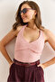 Women's Powder Halter Neckline Front Lined Textured Crop Blouse Blz-19003012