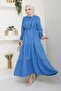 Women's Ruffle Detailed Buttoned Blue Linen Dress