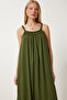Long Viscose Dress with Beaded Strap Khaki Lfg0003 - 3