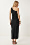 Women's Black Single Shoulder Strap Stretchy Knitted Dress Pb00030 - 6