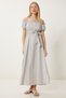 Women's Bone Gray Striped Off-The-Shoulder Summer Linen Dress Li̇00120 - 2