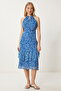 Women Dark Blue Patterned Flounced Summer Chiffon Dress Fg00025