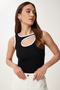 Women's Black Contrast Cut Out Detailed Knitted Blouse Us00965