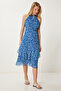 Women Dark Blue Patterned Flounced Summer Chiffon Dress Fg00025 - 2