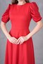 Balloon Sleeve Round Neck Stretchy Scuba Crepe Fabric Midi Length Flared Cut Red Evening Dress 092 - 8