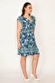 Women's Large Size Navy Blue Wraped Collar Elastic Waist and Hem Layered Dress 65n32805