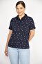 Women's Navy Blue Large Size Cotton Fabric Marine Pattern Polo Collar Short Sleeve Plus Size Blouse 65n36646 - 7