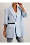 Women's Double Breasted Collar Belted Blue Linen Jacket - 2